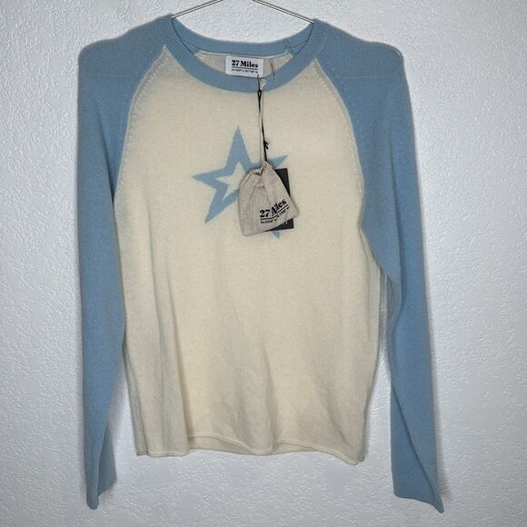 NWT 27 Miles | Kyra Cashmere Star Baseball Sweater Small Light Blue - Picture 4 of 10